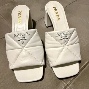 Prada White Quilted Leather Block Heel Mules, Size 37.5